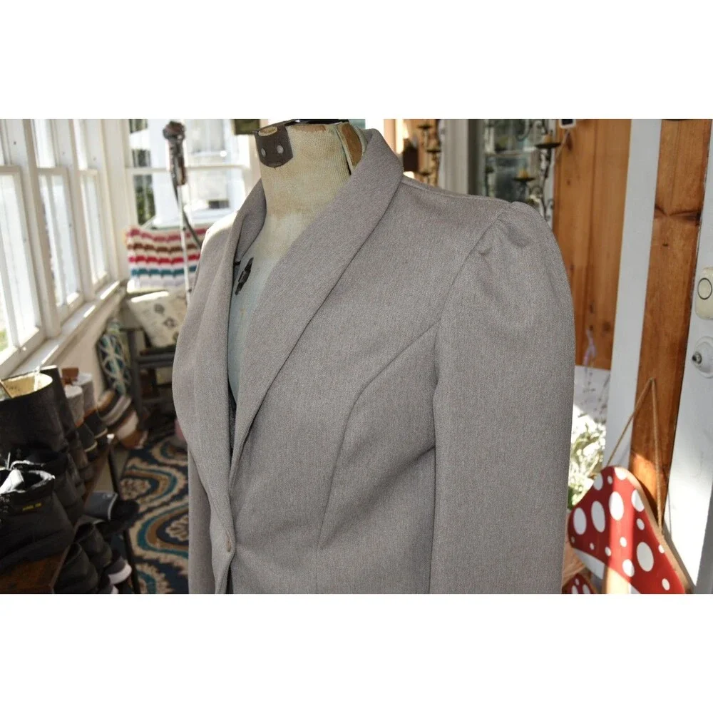 Vintage 1970s 2-Piece Skirt Suit Pencil Skirt Puffed Sleeves Beige Size Small